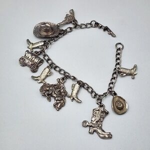 Vintage‎ Western Cowboy Charm Bracelet Equestrian Style Silver Tone 7.25"